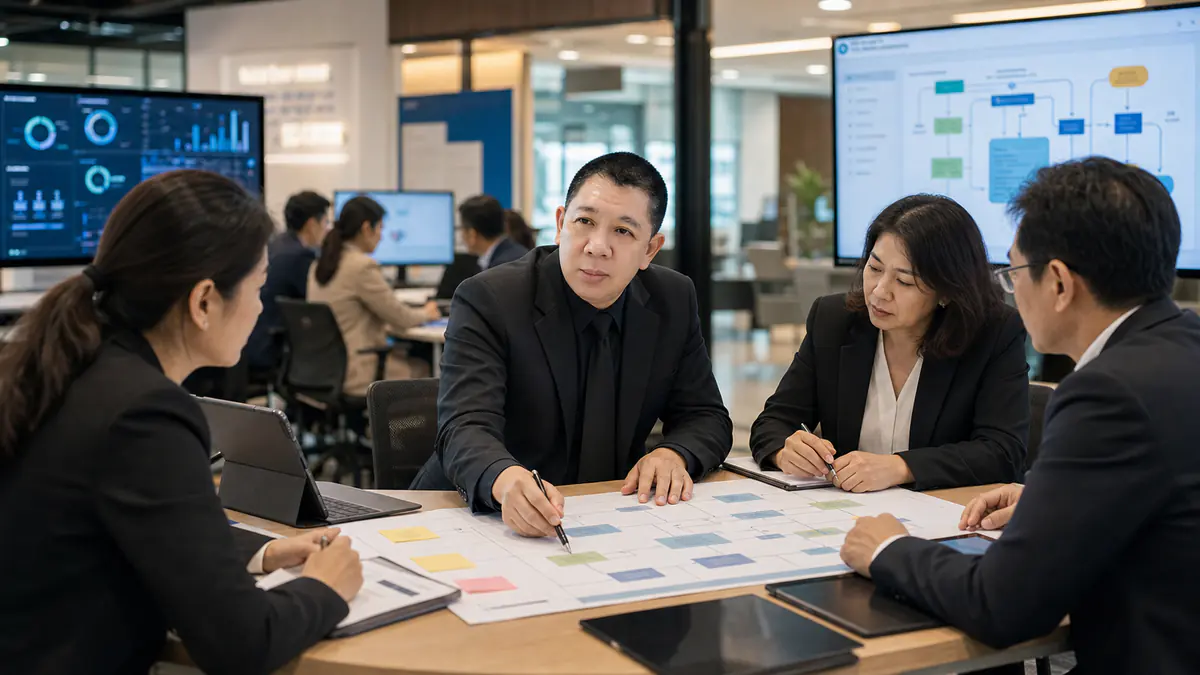 เจ้าหน้าที่ไทยและผู้บริหารกำลังทบทวน service blueprint และ workflow ดิจิทัลในศูนย์บริการภาครัฐ