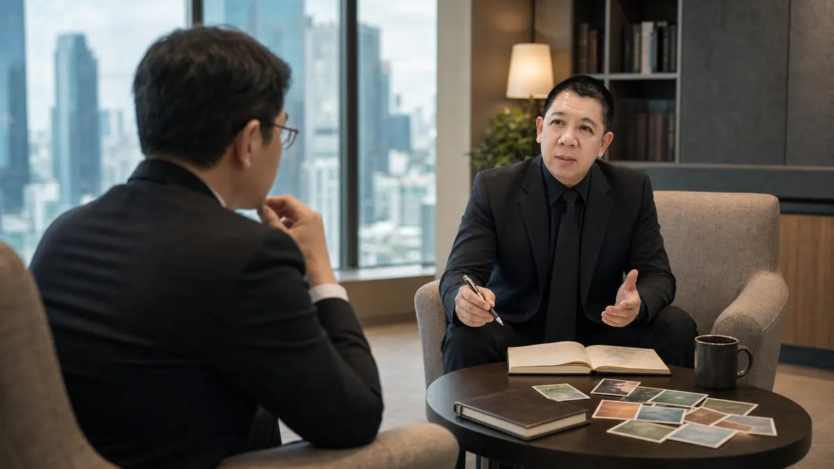 การโค้ชผู้บริหารไทยในห้องประชุมสมัยใหม่ที่มีสมุดบันทึกและบรรยากาศเป็นส่วนตัว