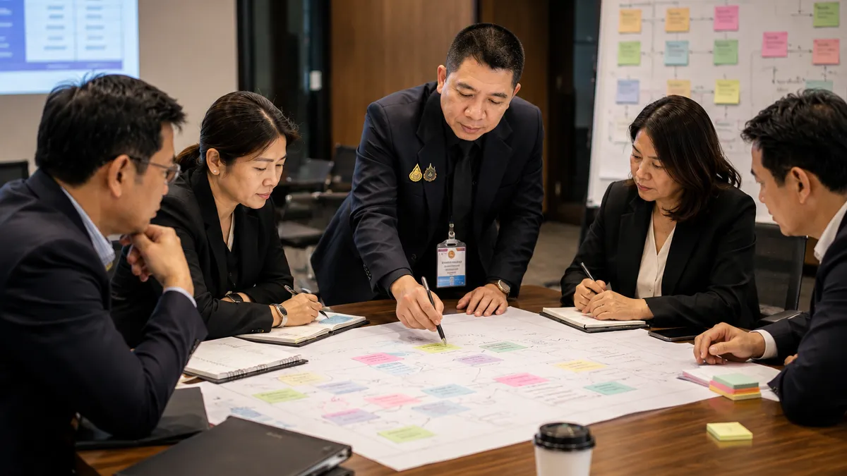 ทีมงานไทยในห้องฝึกอบรมกำลังวิเคราะห์แผนผังกระบวนการ CQI และการจัดการความรู้