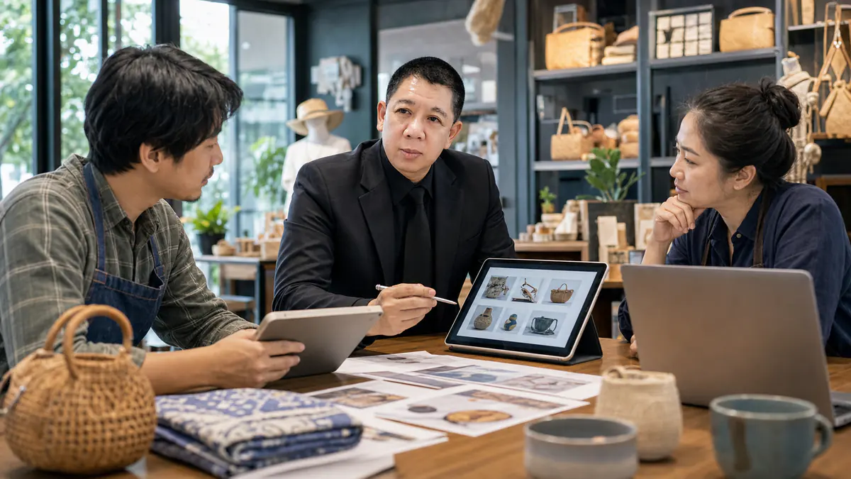 ผู้ประกอบการไทยกำลังใช้แท็บเล็ตและถ่ายภาพสินค้าในสตูดิโอ commerce ขนาดเล็ก